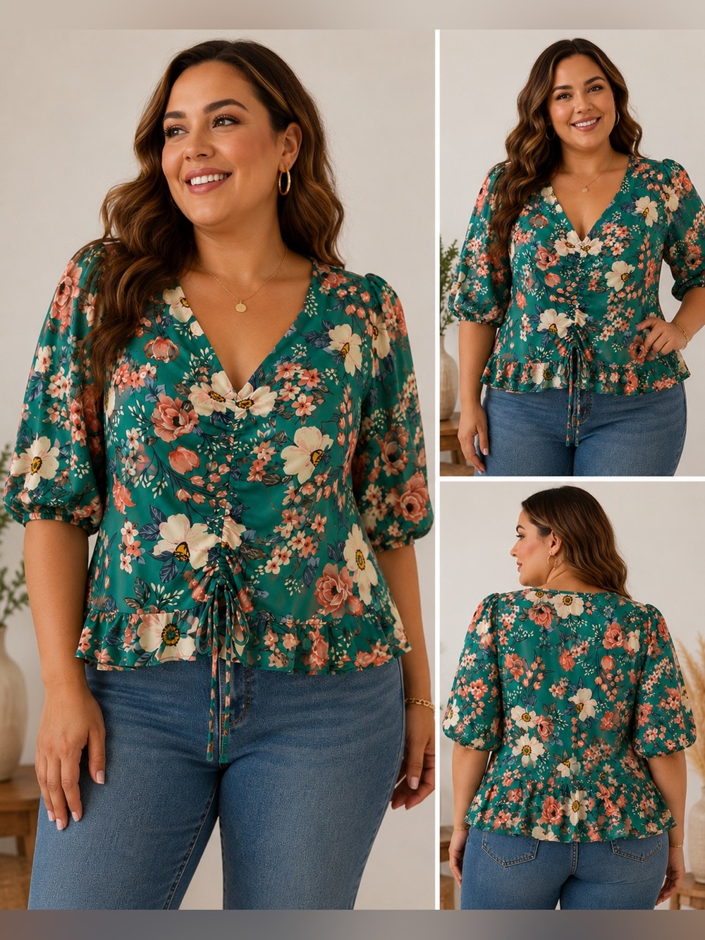 Milk & Honey Floral Drawstring Peplum Top - Green XL